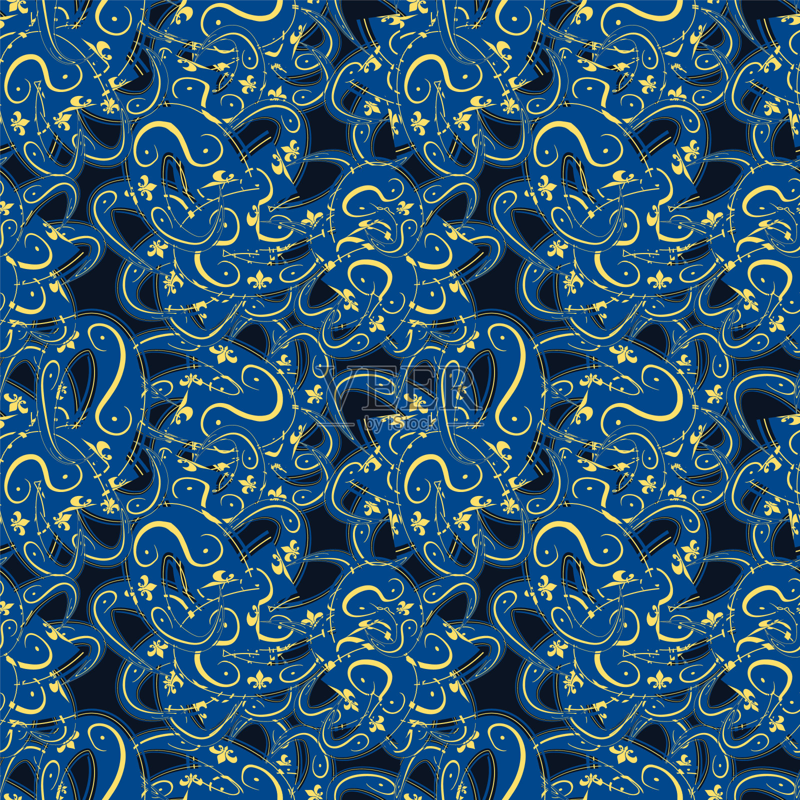 无缝简单可爱图案的蓝色和黄色卷曲设计元素的海军背景插画图片素材
