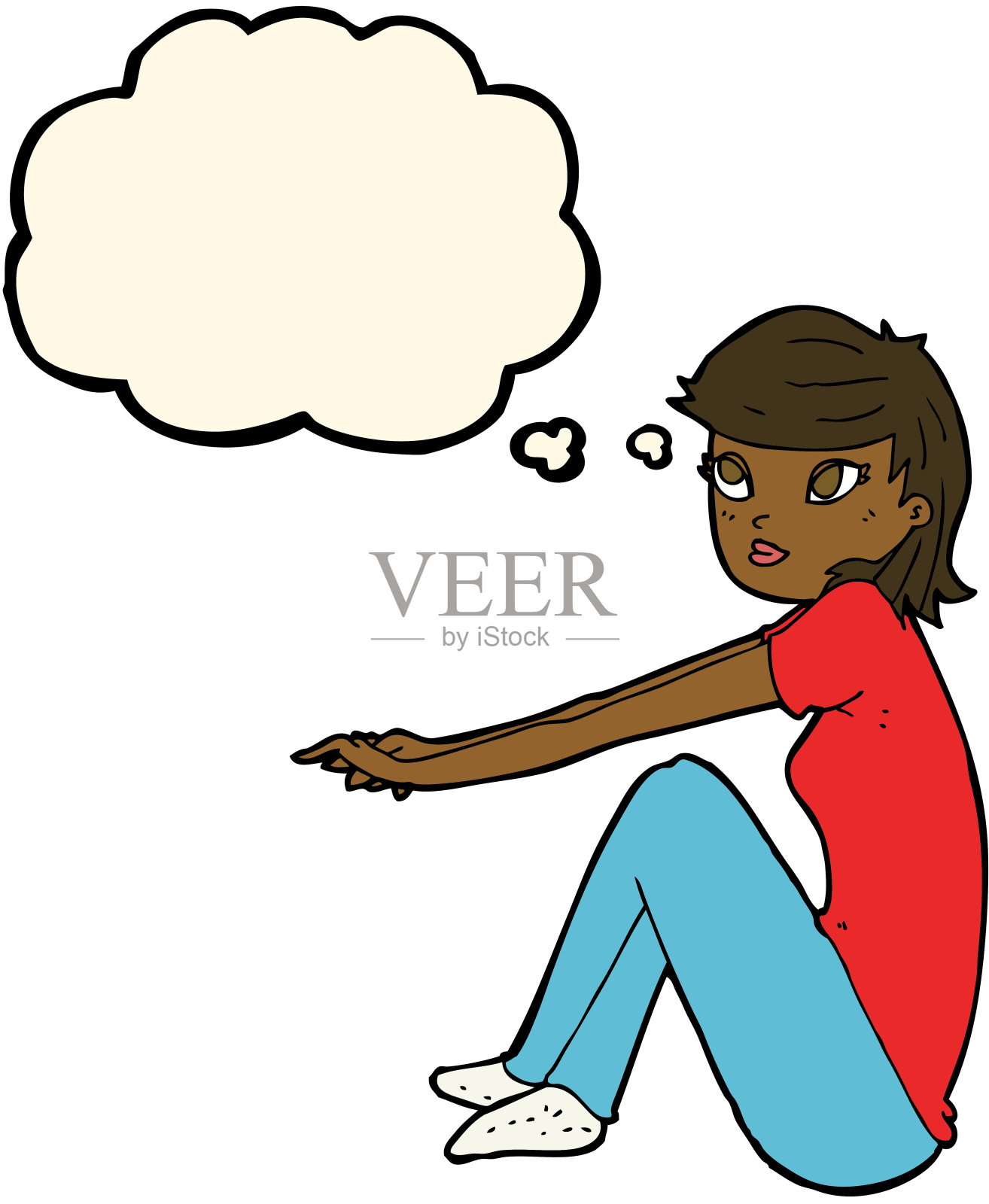 卡通漂亮女孩坐在思想泡泡插画图片素材