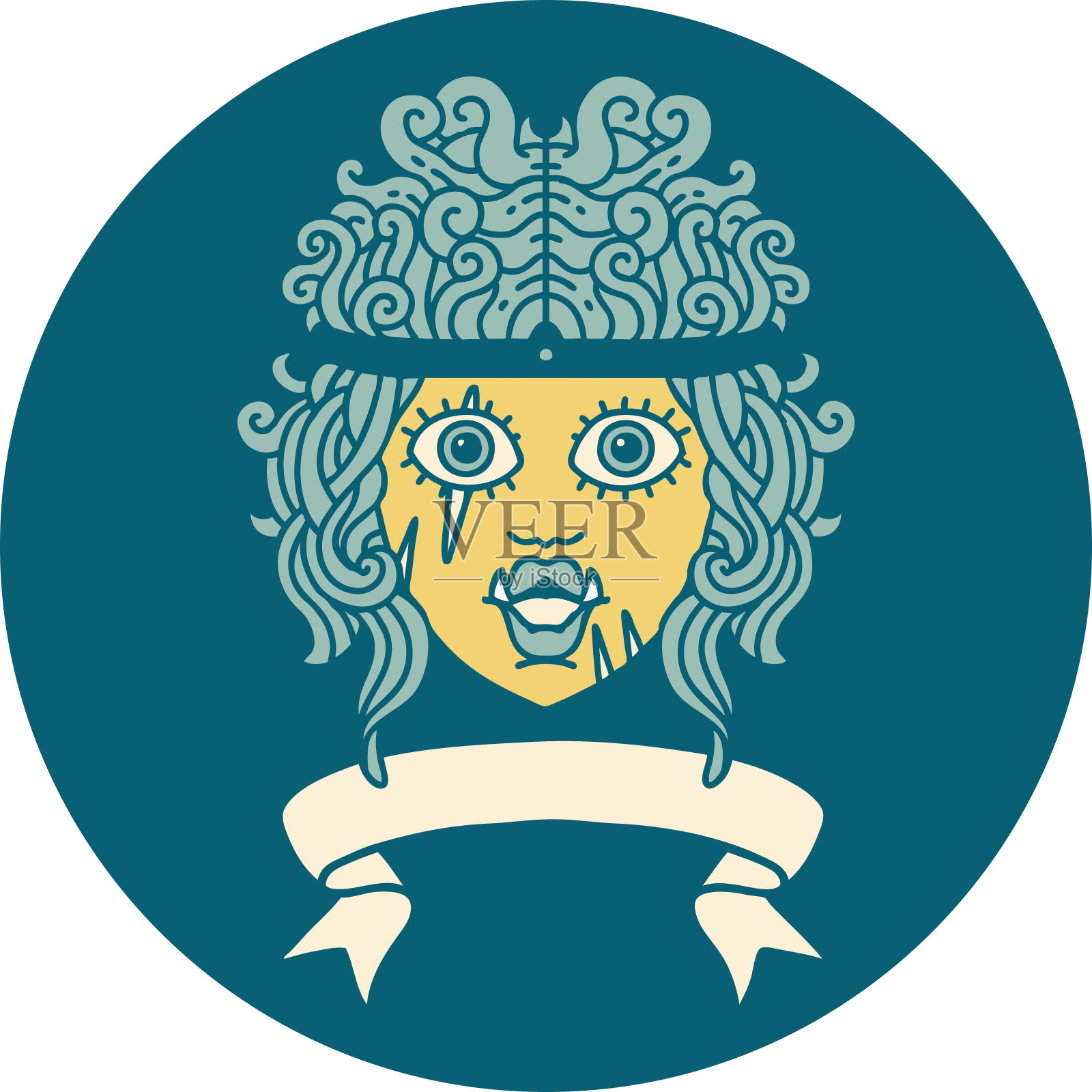 复古纹身风格的兽人野蛮人的脸与旗帜插画图片素材