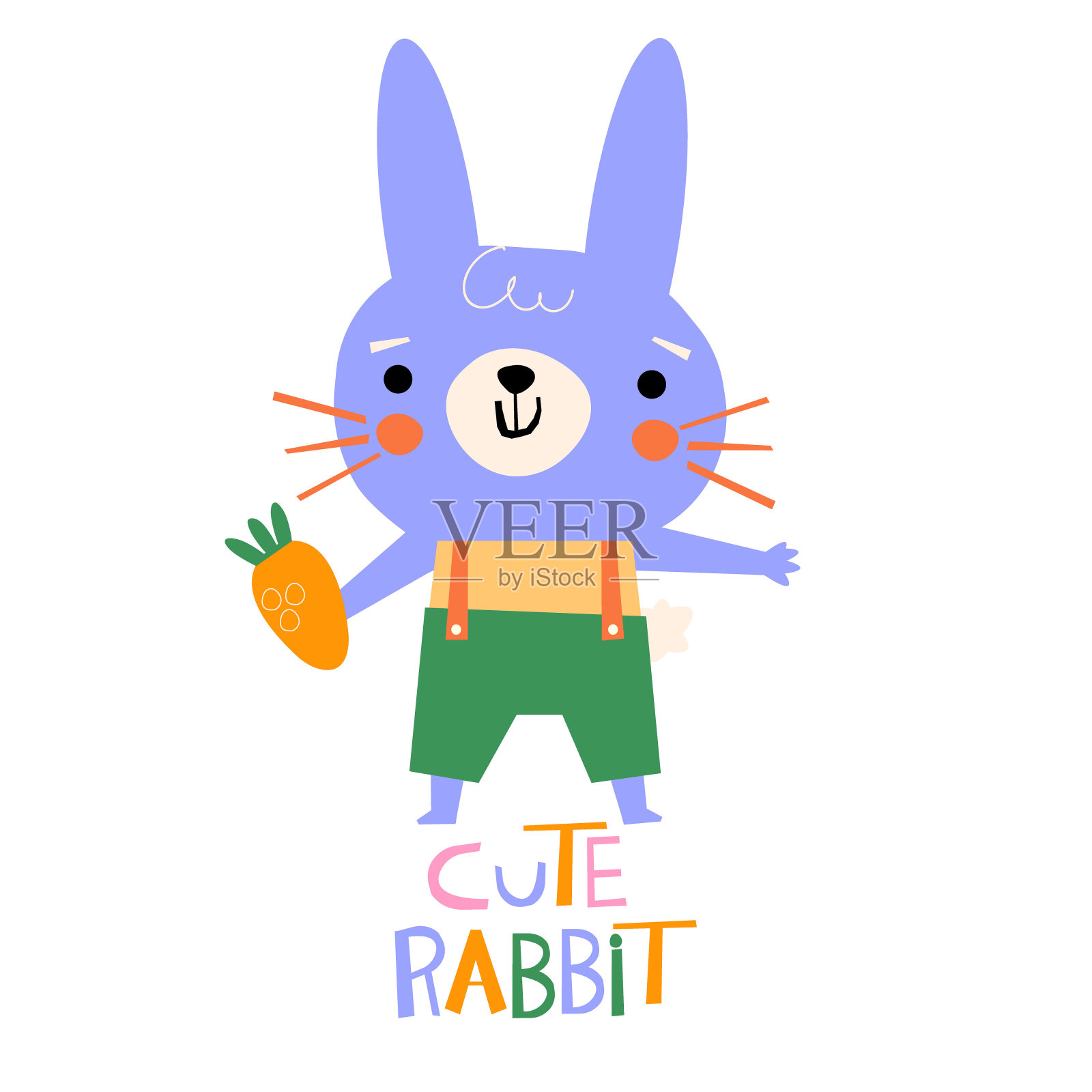 印有可爱的兔子。矢量兔子穿裤子和胡萝卜。插画图片素材