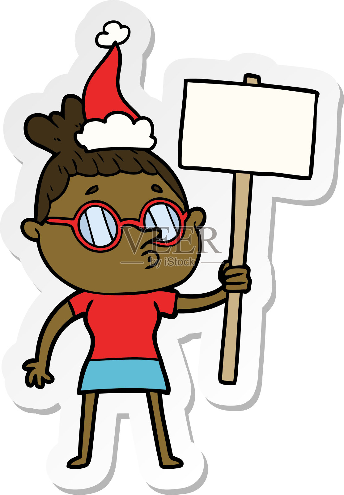 一个戴着眼镜戴着圣诞老人帽子的女人的手绘贴纸卡通插画图片素材