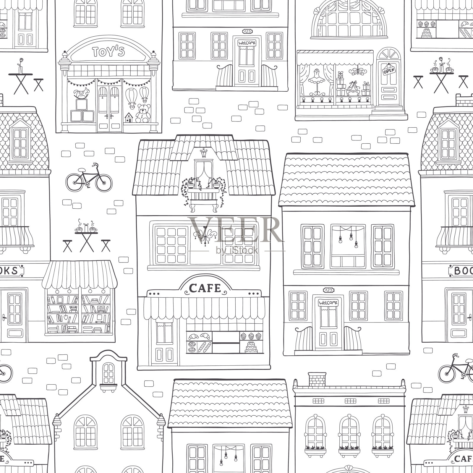 无缝模式与欧洲住宅。可爱的荷兰建筑,有商店,书店,咖啡馆,咖啡店。轮廓单色矢量插图,彩色儿童手绘幼稚的风格。插画图片素材