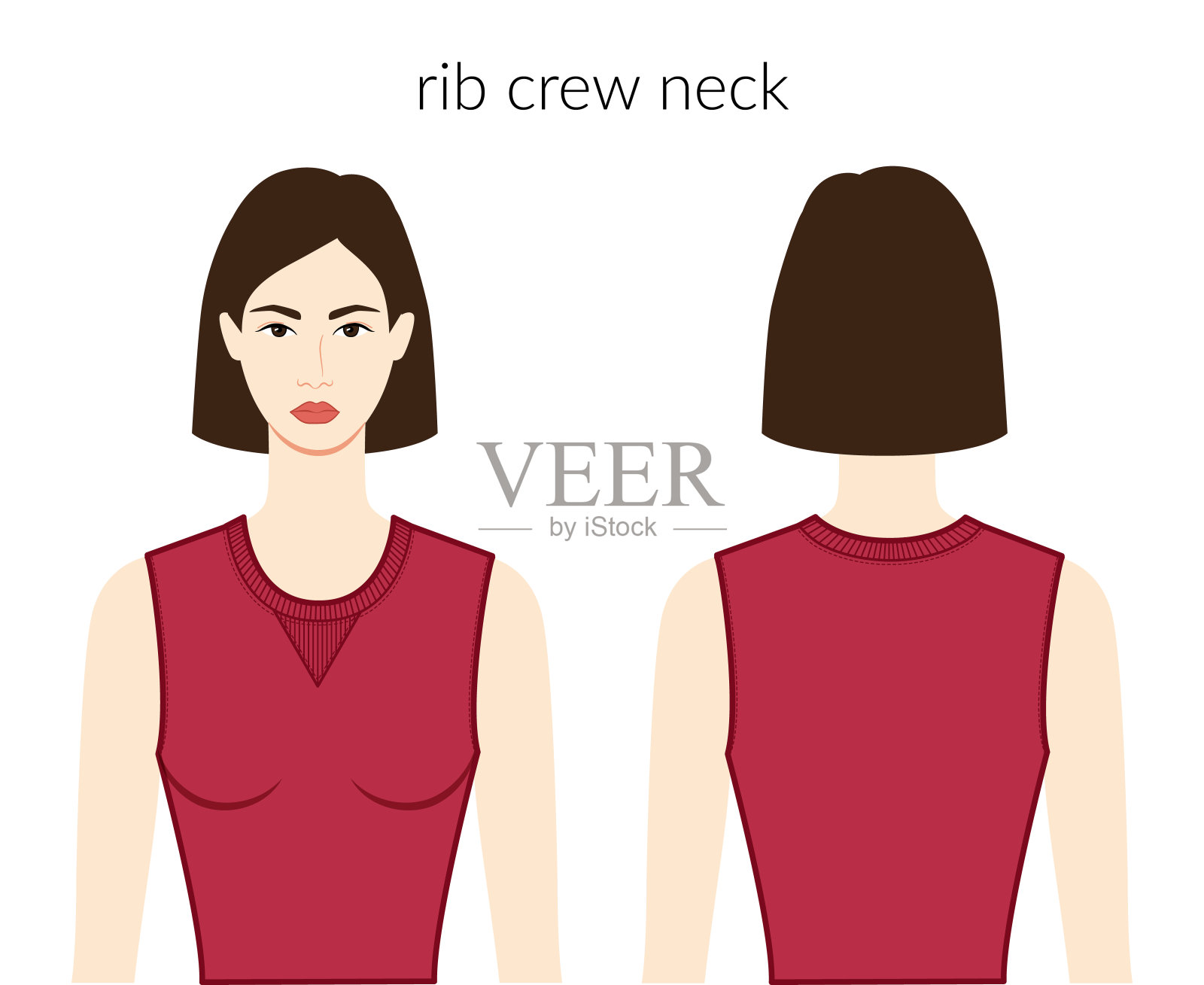 肋骨船员领口衣服针织,毛衣字符美丽的女士在紫红色上衣,衬衫,连衣裙技术时尚插图与合身的身体。平板服装模板。女人,男人男女皆宜的CAD模型插画图片素材