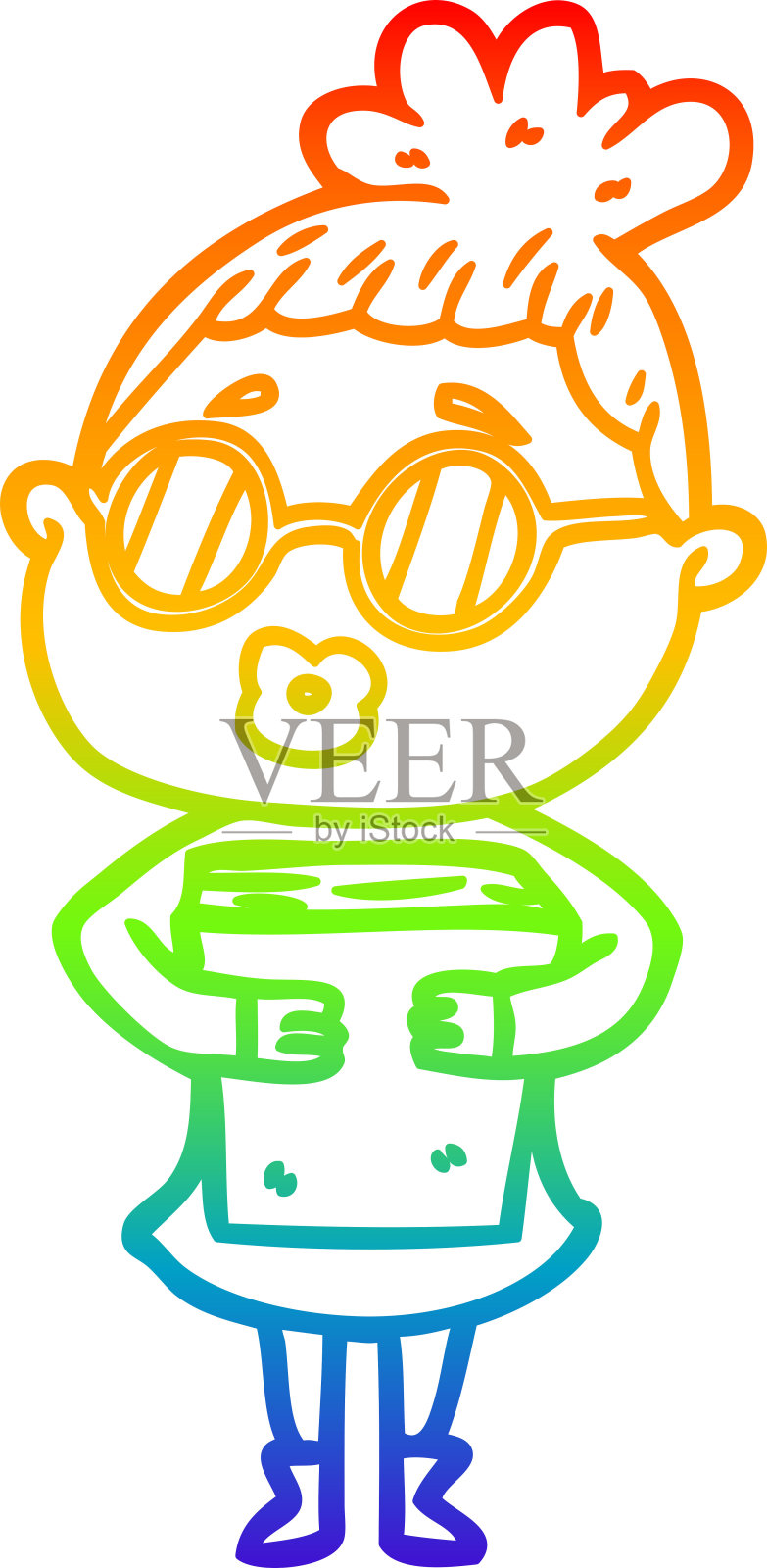 彩虹渐变线画的漫画女人与书戴眼镜插画图片素材