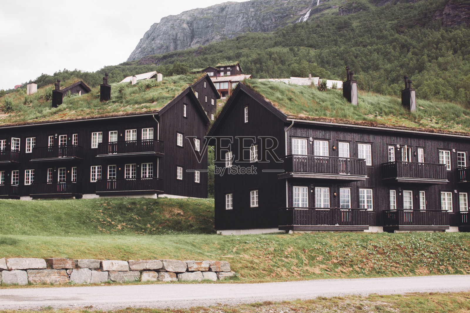 在挪威,传统的房子在山上,屋顶上有草。照片摄影图片