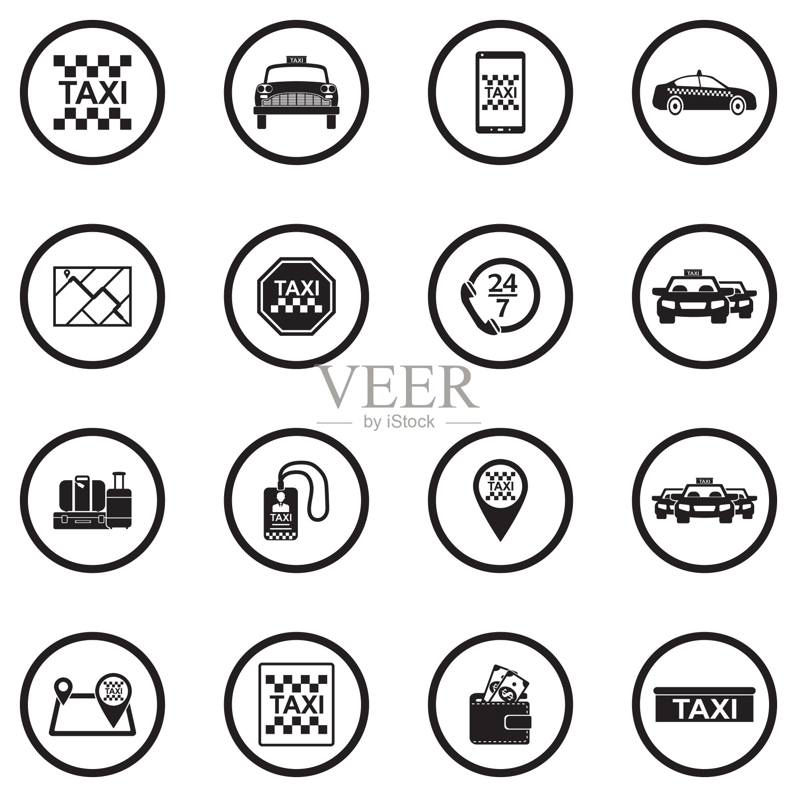 的士服务图标。黑色平面圆形设计。矢量插图。插画图片素材