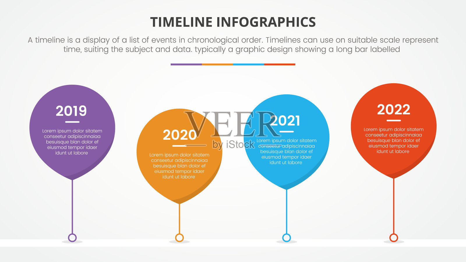 时间轴信息图表概念与气球形状时间轴描述幻灯片演示与4点列表插画图片素材