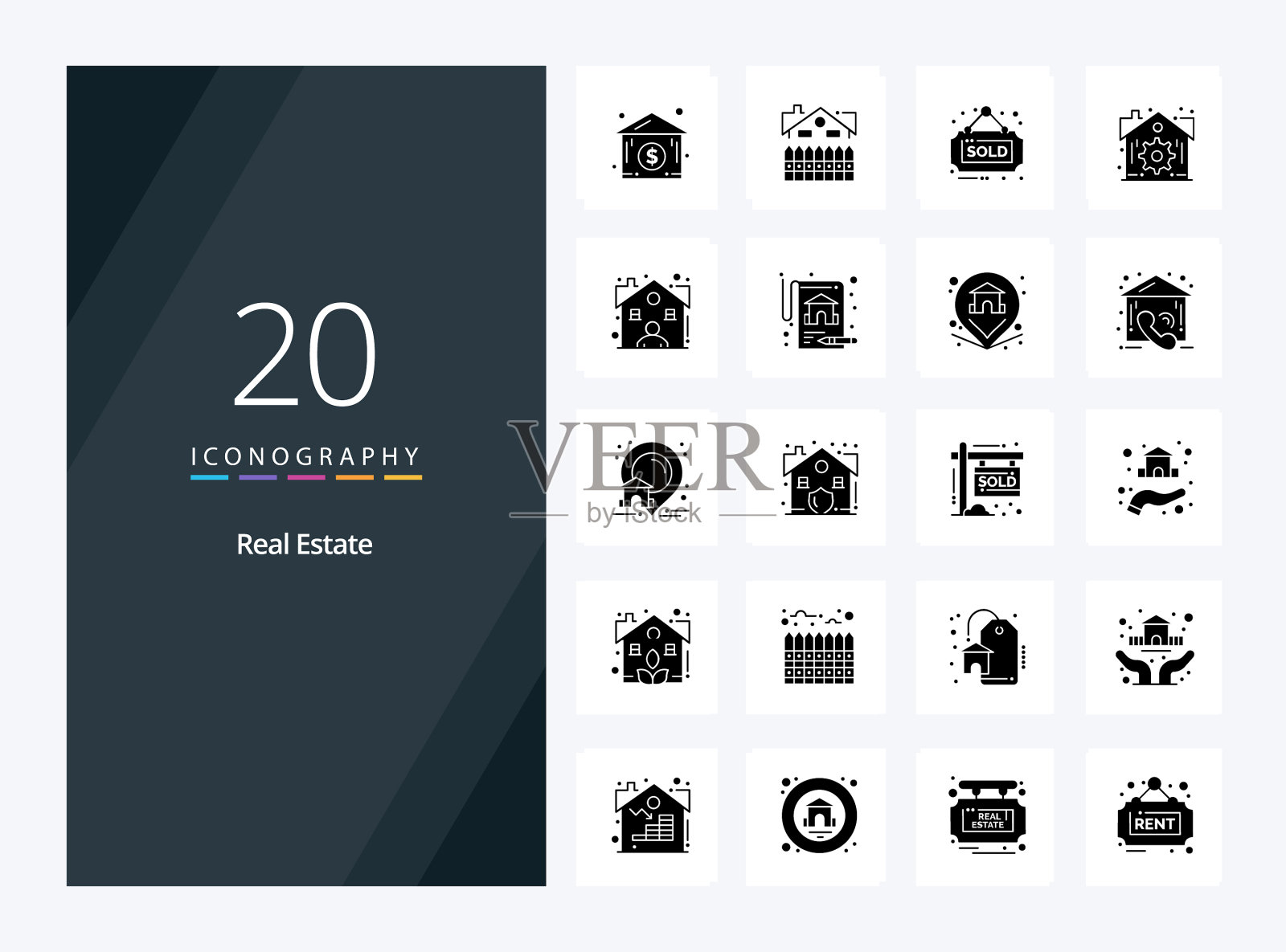 20个不动产固体字形图标用于演示图标素材