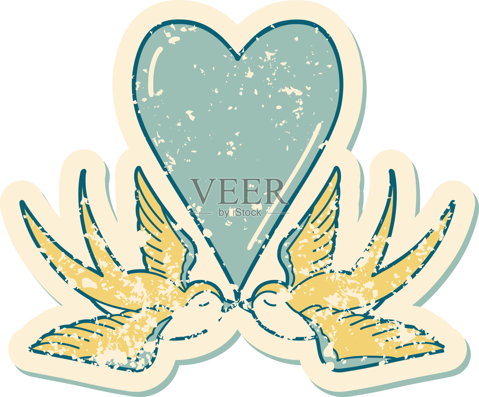 标志性的心疼贴纸纹身风格的燕子和一颗心的形象插画图片素材