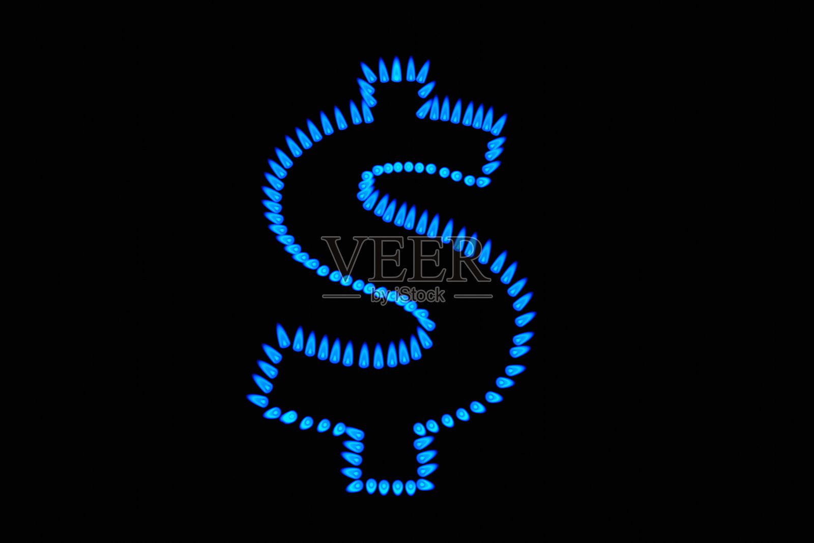 高温蓝色气体火焰在黑色背景上形成孤立的美元符号。说明国内天然气价格上涨的概念照片摄影图片