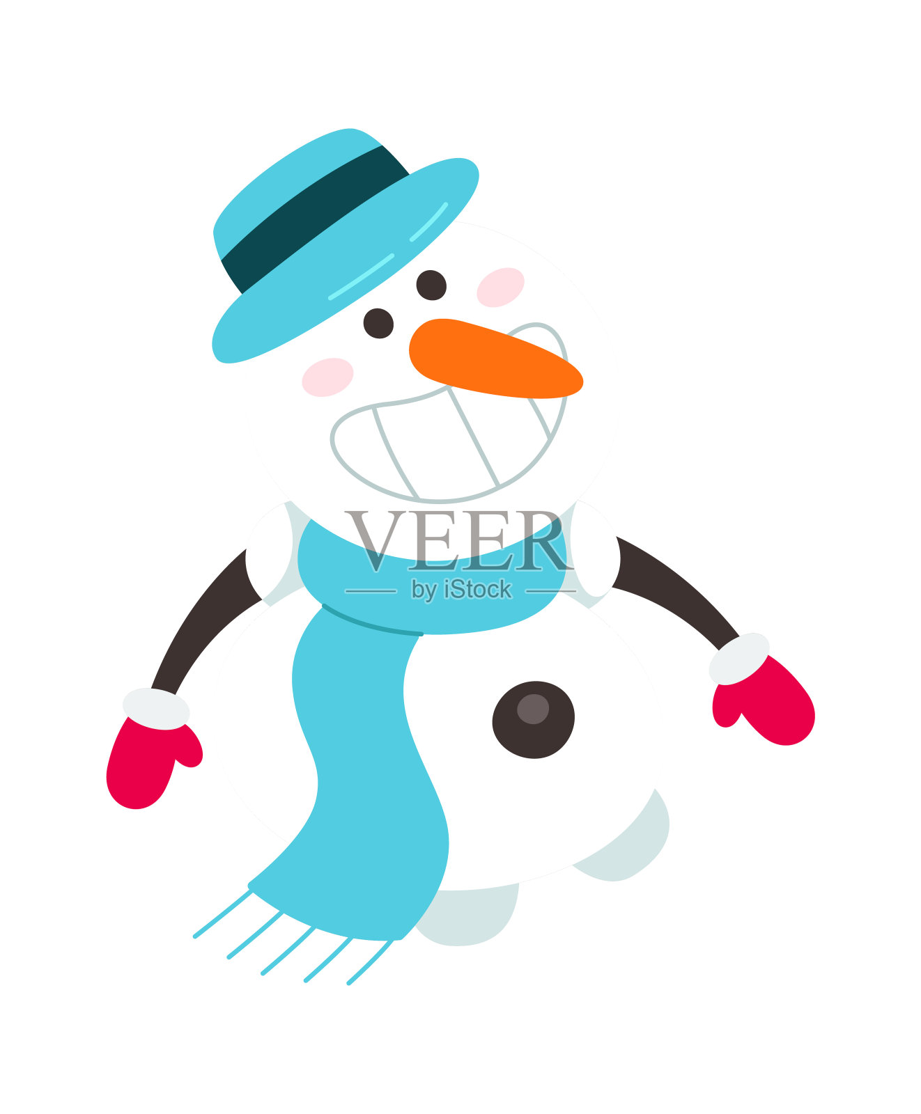 优雅的雪人在帽子和蓝色围巾平面图标插画图片素材