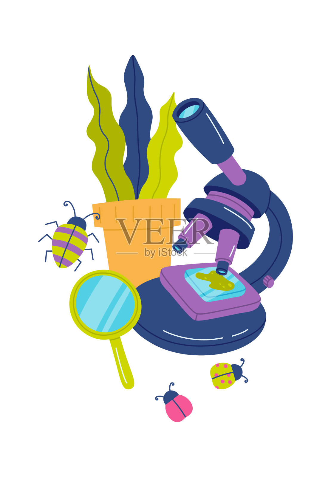 生物课元素平面图标显微镜和室内植物插画图片素材