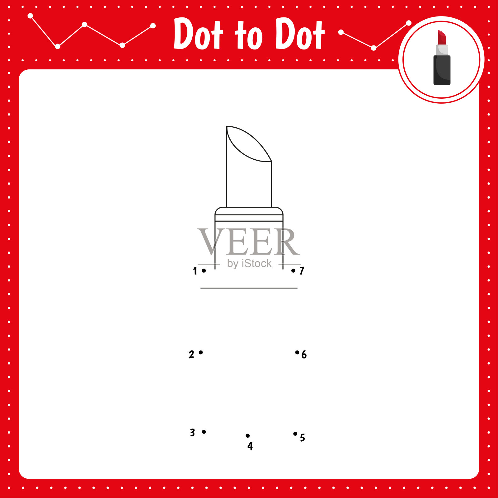 把这些点连起来。口红。点对点教育游戏。学龄前儿童涂色书活动工作表。矢量插图。插画图片素材