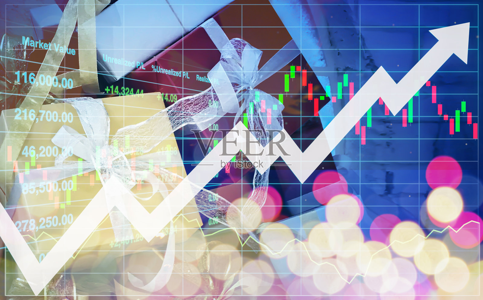 股票金融指数数据以图形、图表、烛台和向上箭头符号为商业背景,显示圣诞节和新年期间对礼物和节日物品的成功投资。照片摄影图片