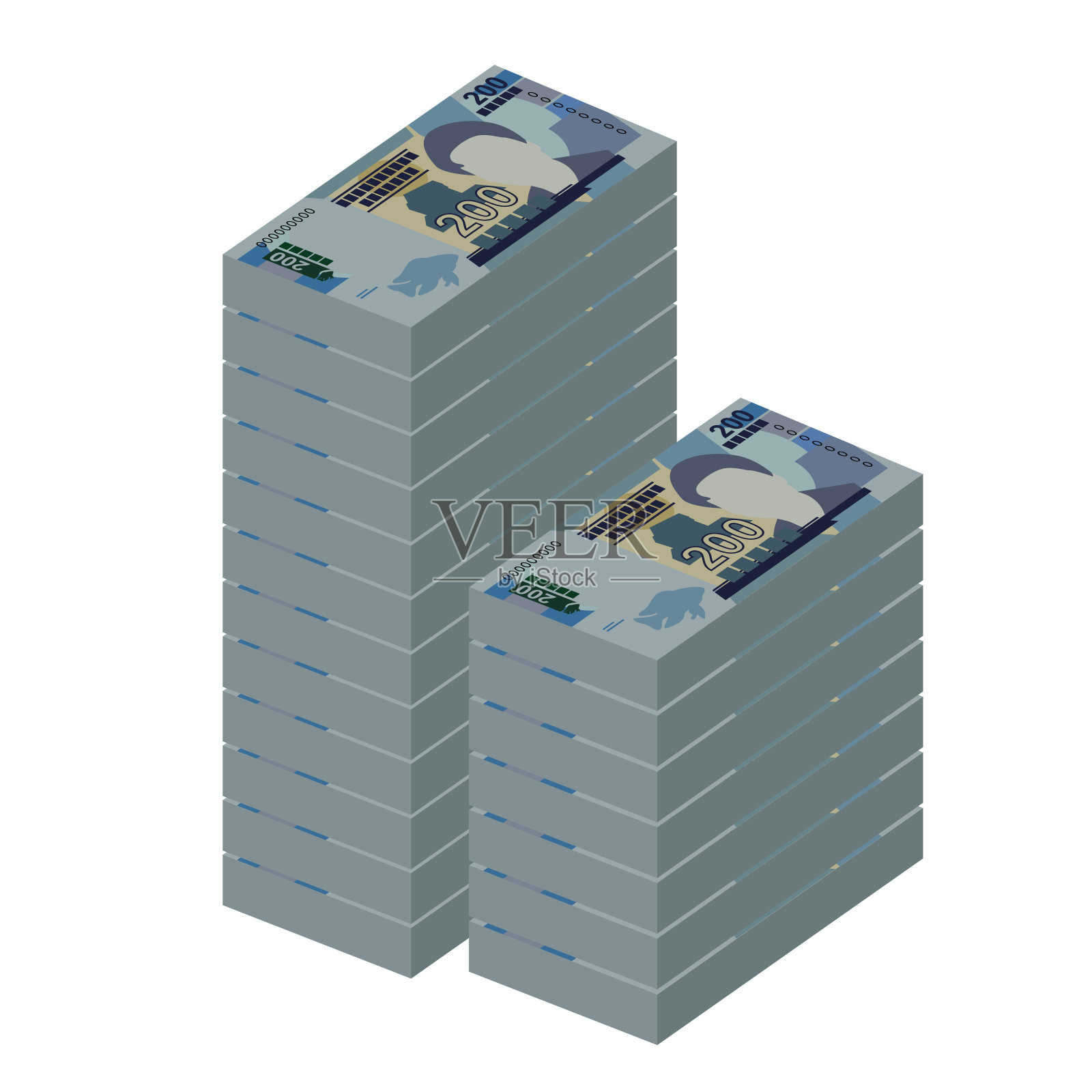 马拉维克瓦查矢量插图。马拉维货币套装捆绑钞票。纸币200mwk。平的风格。孤立在白色背景上。简单的最小设计。插画图片素材