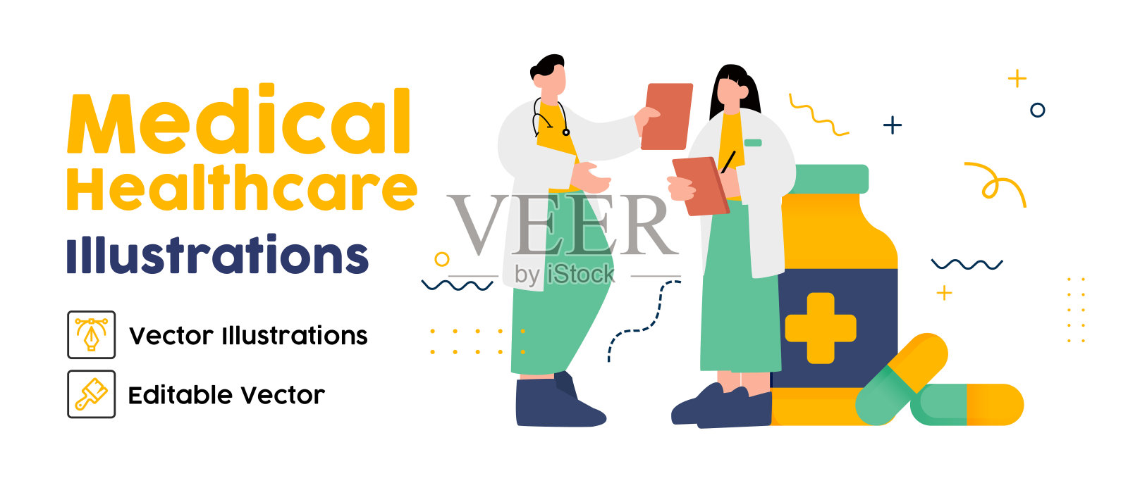 医生和药学概念。平面矢量插图适合传单,横幅和着陆页插画图片素材