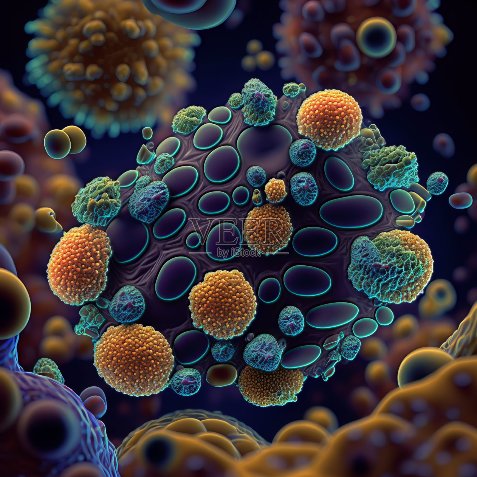 病原病毒细胞,癌细胞显微镜下,数字插图照片摄影图片