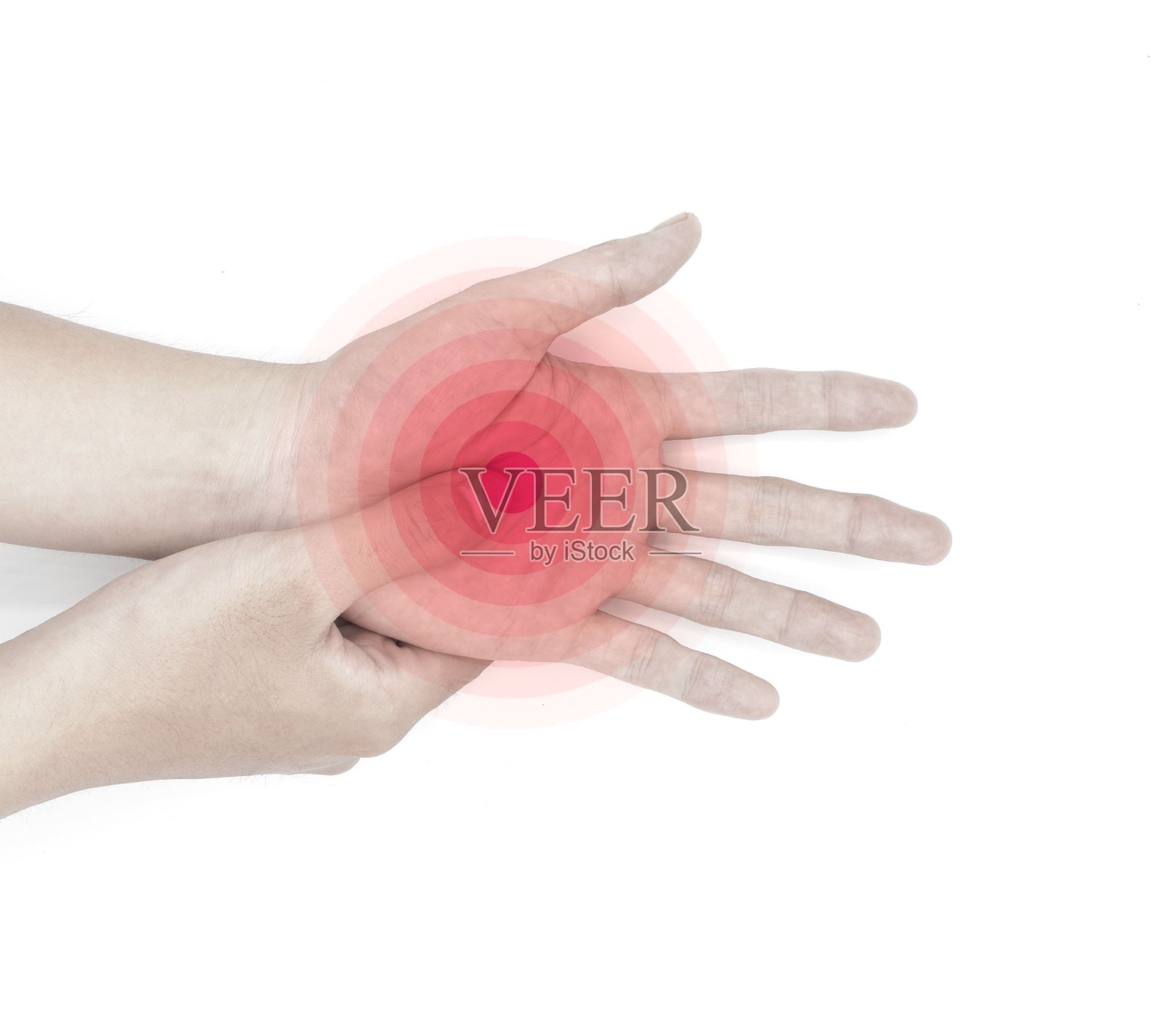 亚洲男人疼痛的手掌。筋膜室综合征的概念。照片摄影图片