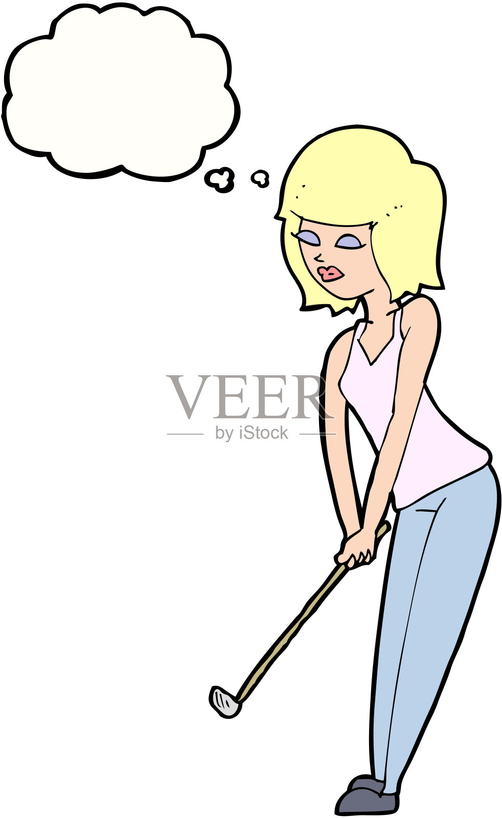 卡通女人用思想泡泡打高尔夫球插画图片素材