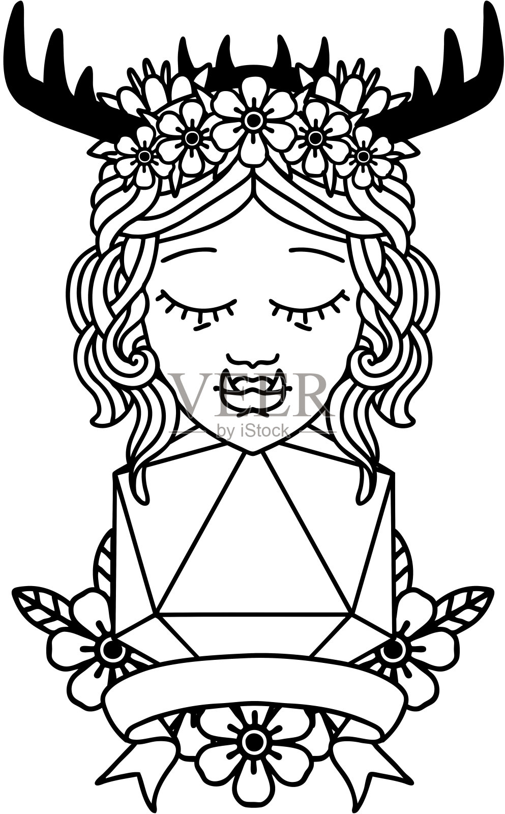 黑白纹身线条风格的兽人德鲁伊字符与自然二十骰子滚动插画图片素材