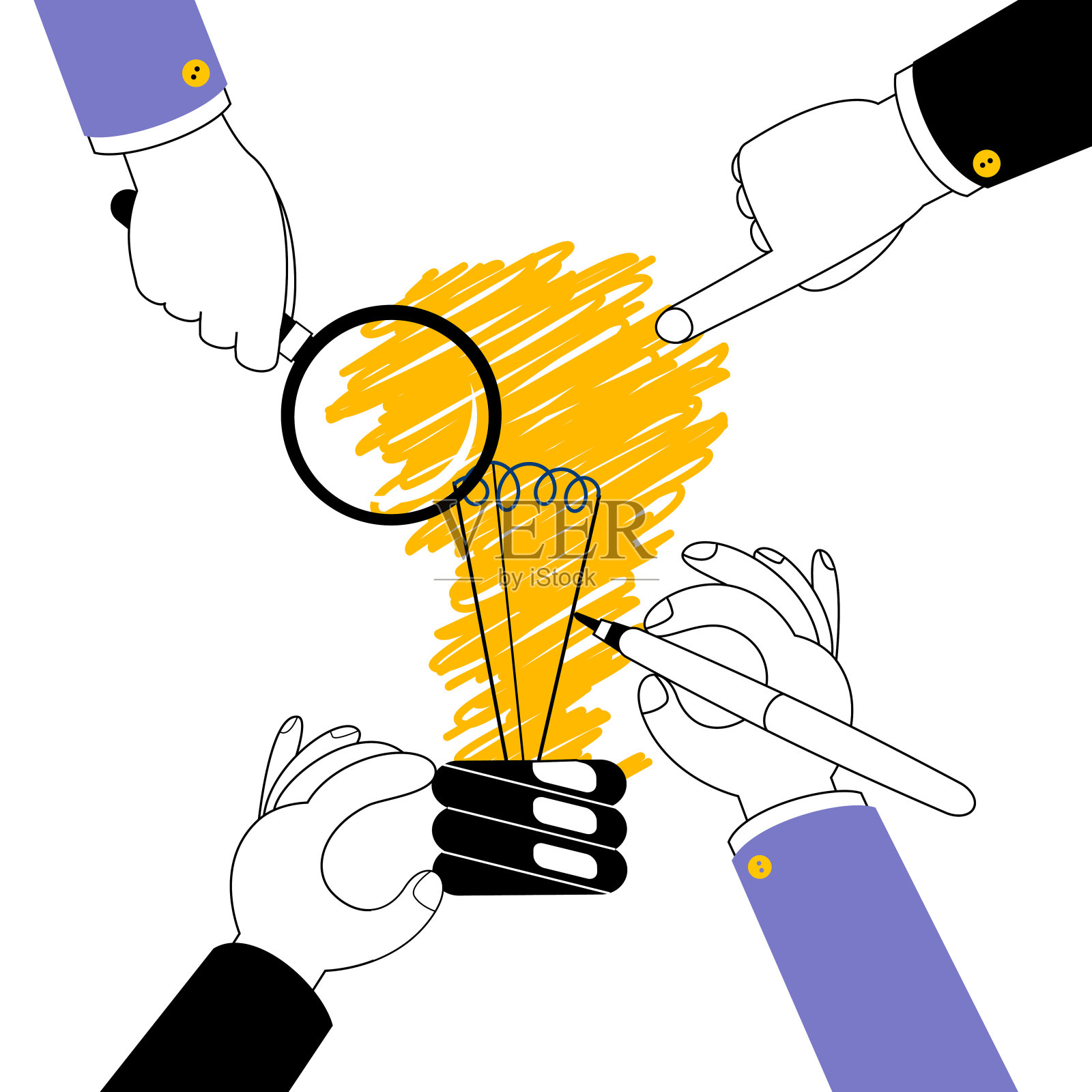 不同的人的手正在制作一个彩绘灯泡。插画图片素材