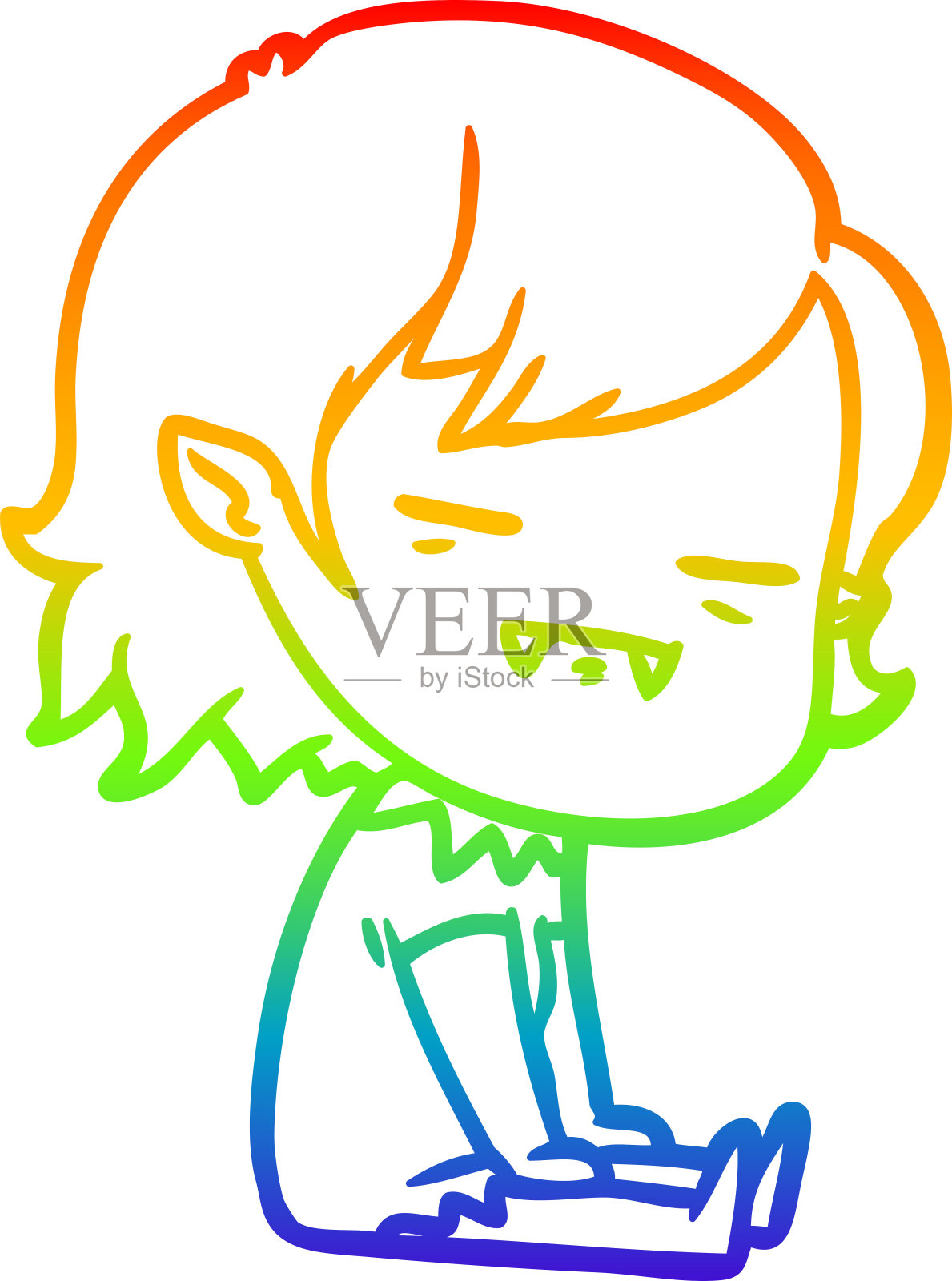 彩虹渐变线画的卡通不死吸血鬼女孩坐插画图片素材