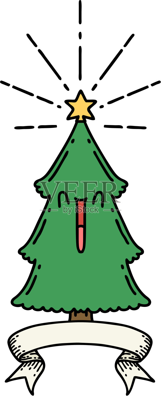 卷轴横幅与纹身风格的圣诞树与星星插画图片素材