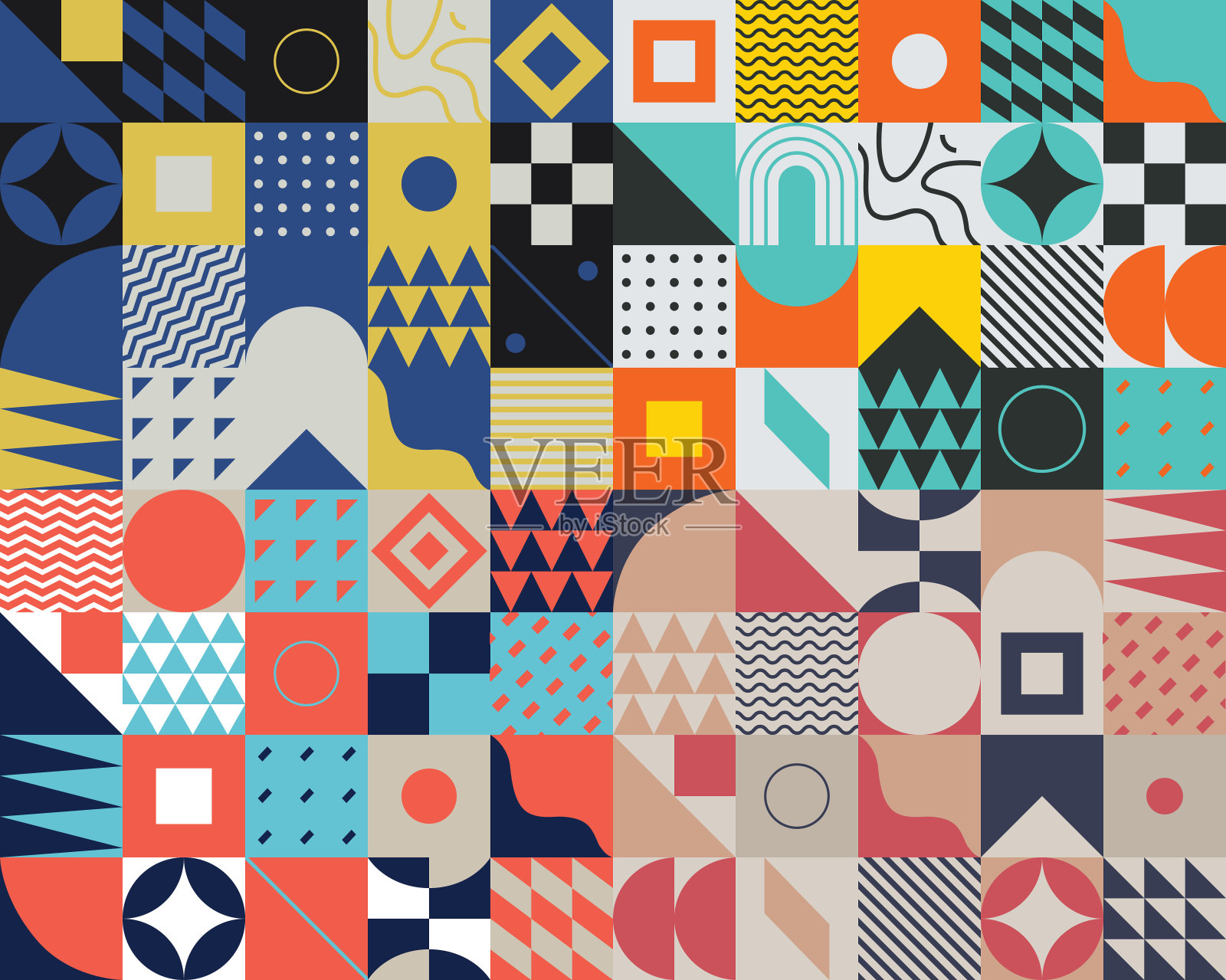 包豪斯几何图案背景,矢量圆,三角形和方形线条色彩艺术设计。彩色包豪斯图案背景插画图片素材