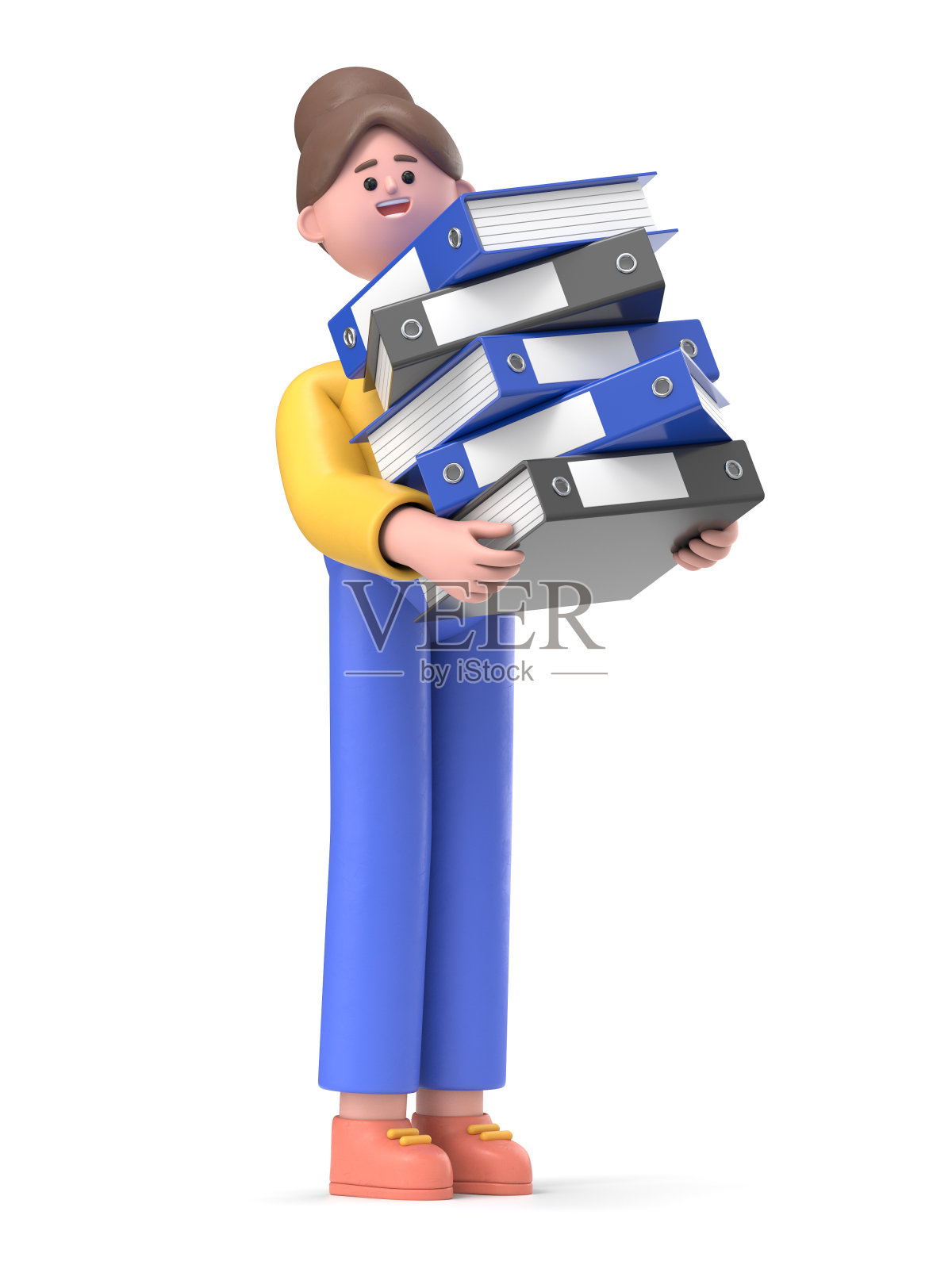 微笑的亚洲女人安吉拉的3D插图与大量的文件,蓝色背景上的3D渲染。照片摄影图片