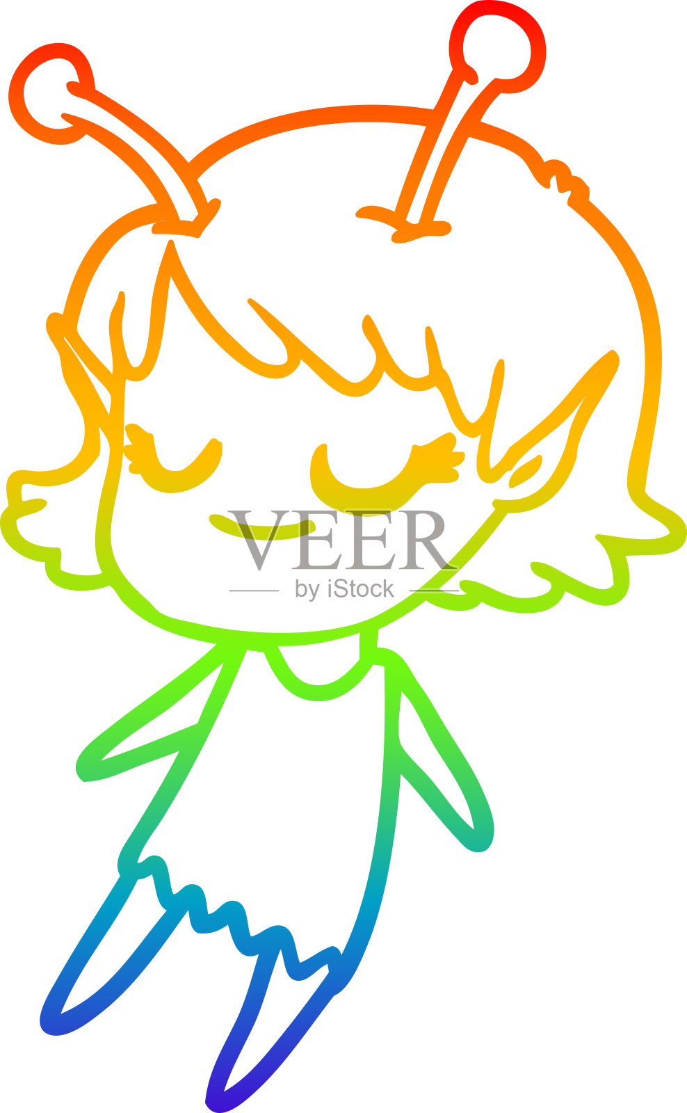 彩虹渐变线画一个微笑的外星女孩卡通漂浮插画图片素材