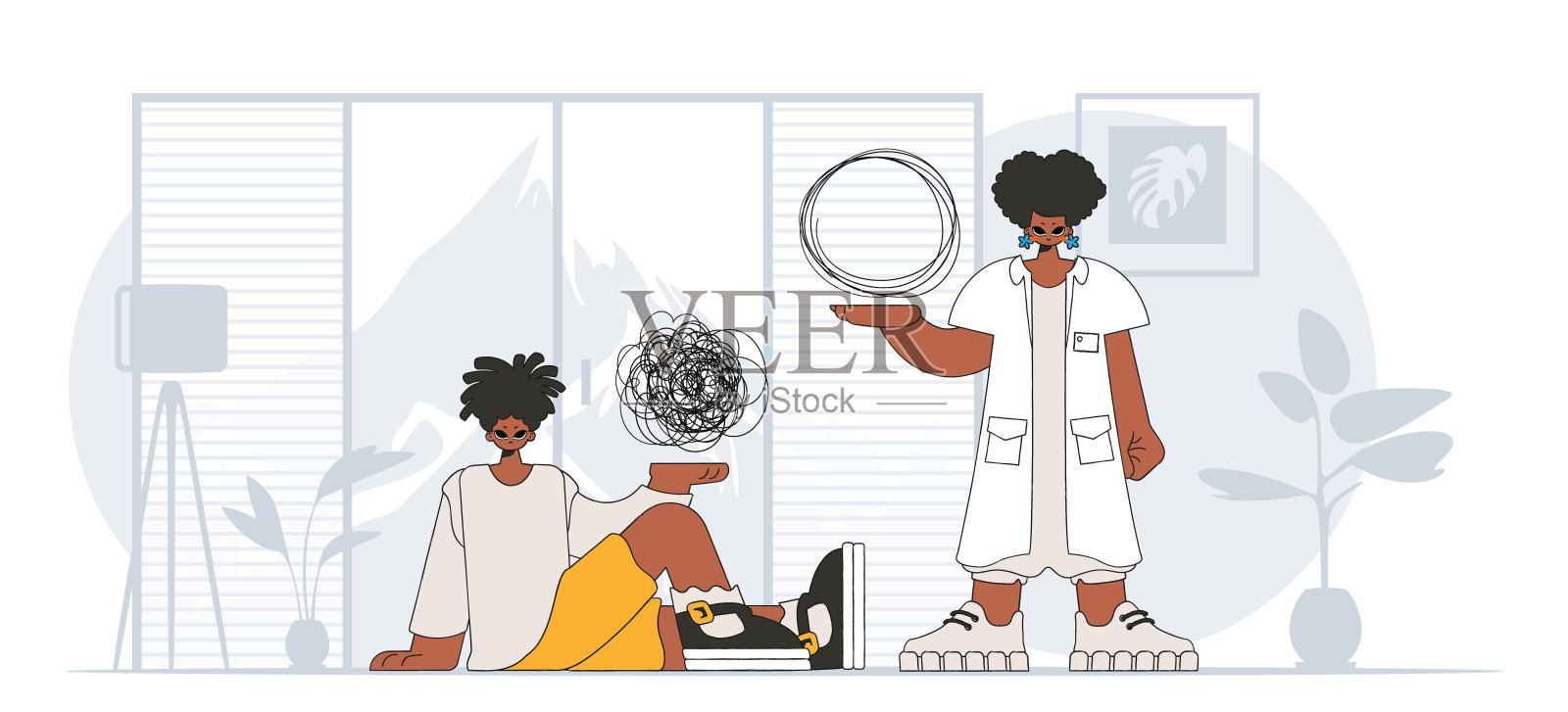 心理帮助。医生与陷入沉思的患者。插画图片素材