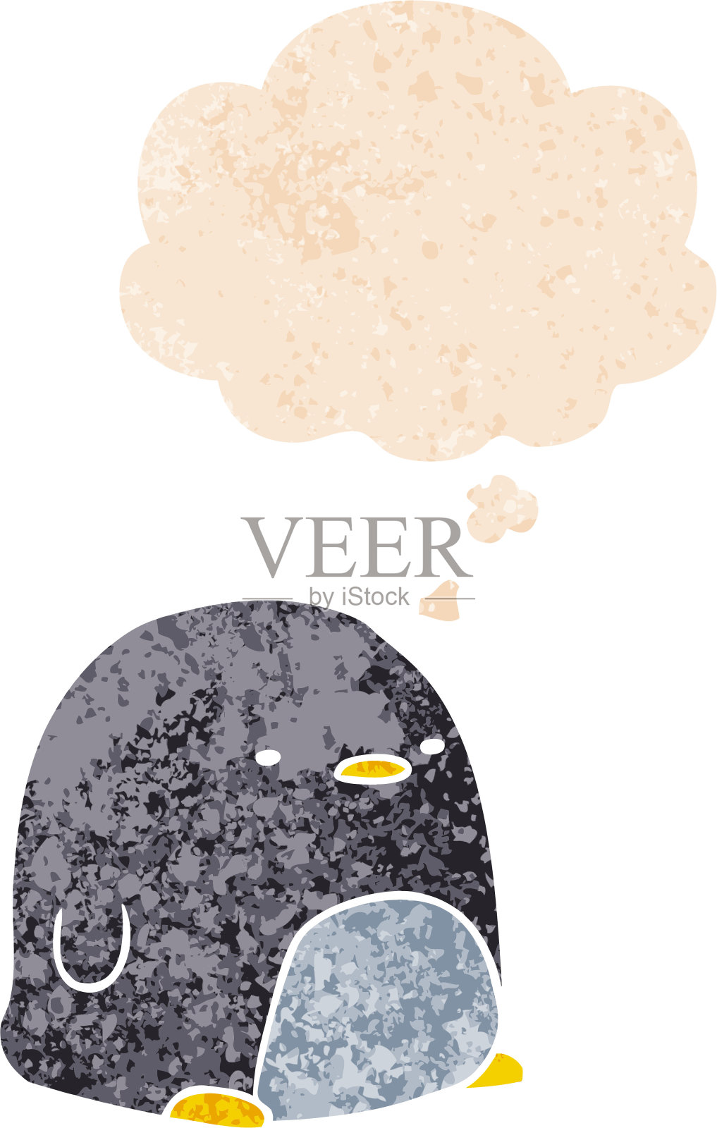 可爱的卡通企鹅与思想泡泡在grunge苦恼复古纹理风格插画图片素材