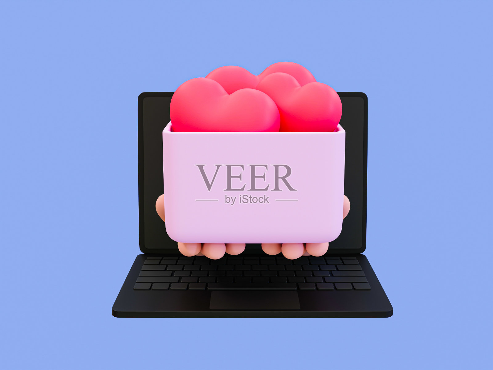 3d最小的心脏捐赠。情人节的组成部分。卡通手拿着一个装满爱心的盒子从笔记本电脑里冒出来。3 d演示。照片摄影图片