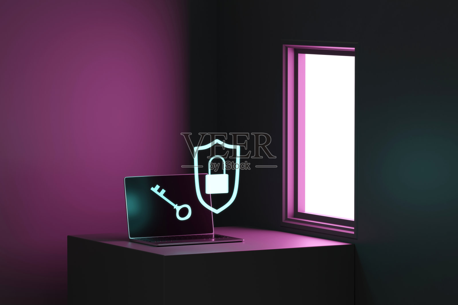 笔记本电脑与钥匙和安全概念3d渲染照片摄影图片