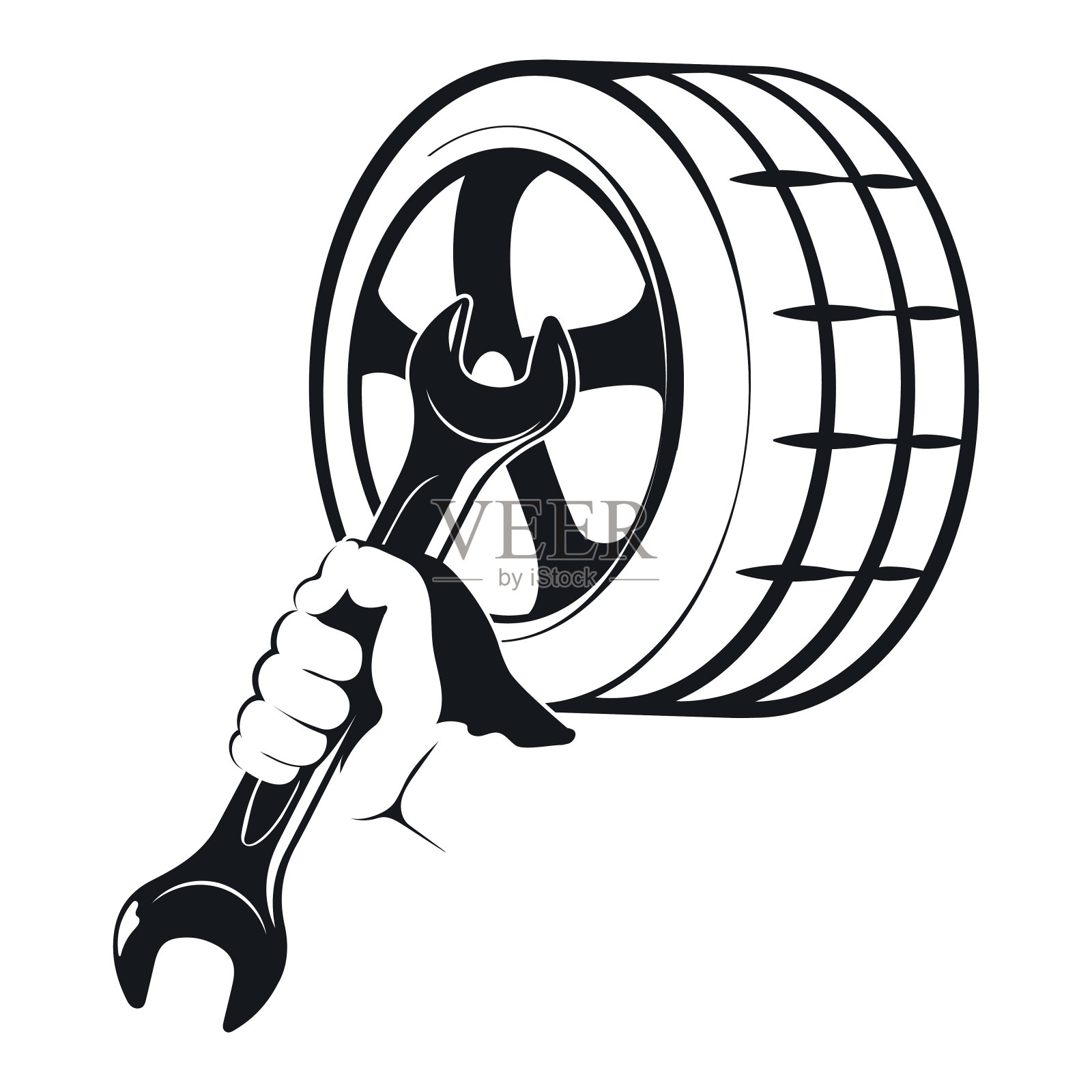 机械师手里的轮胎轮和扳手。维修和服务汽车标牌插画图片素材