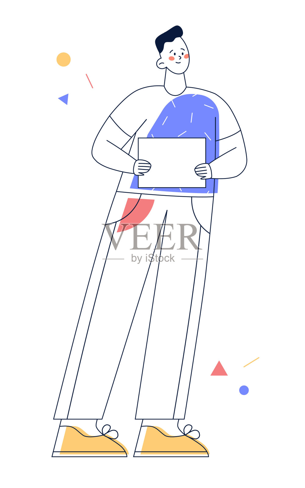 男子手持空白的标语牌或纸。男性角色显示空横幅。插画图片素材