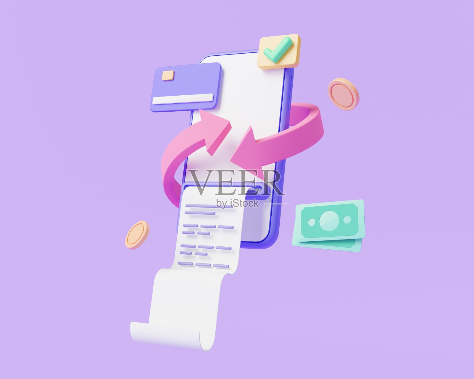 在线现金返还图标在手机应用程序与信用卡,纸币和硬币。现金退款,网上付款,网上支付,金融储蓄,转账。三维渲染插图照片摄影图片