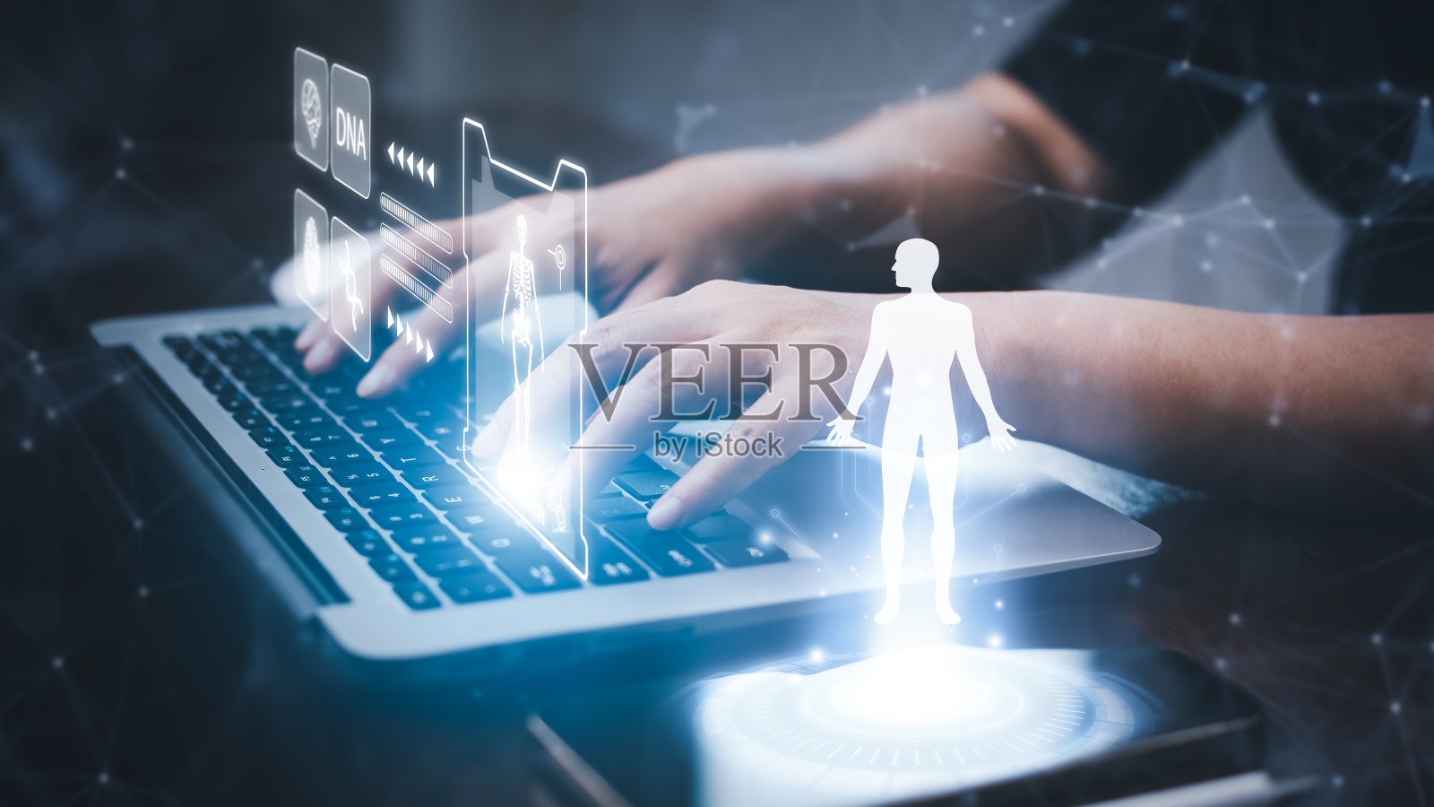 男子用手提电脑搜索DNA人体图谱,生化研究科学家用显微镜工作,检测人体DNA图谱,检查人体异常,科学实验照片摄影图片