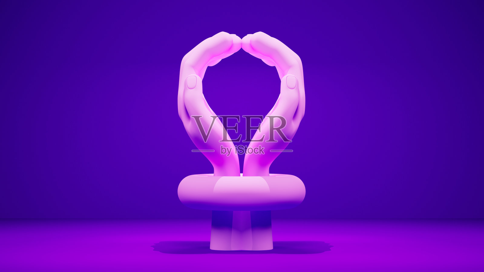 3d代表的两只手形成一个圆圈和一个环加入他们作为一个紫色场景的女人的象征照片摄影图片