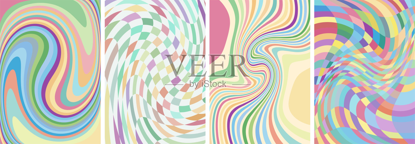 复古绝妙的彩色艺术横幅集。迷幻嬉皮风格漩涡彩虹背景集合。复古嬉皮士疯狂各种扭曲和融化的抽象海报。新潮的千年虫流行文化明亮的设计插画图片素材