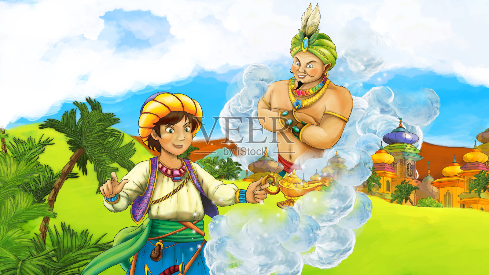 卡通场景与王子在城堡附近的插图插画图片素材