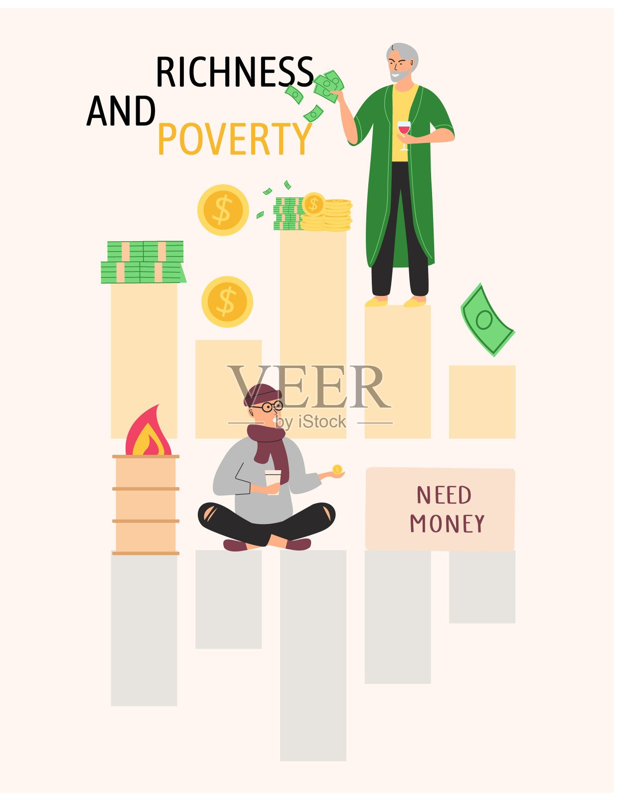 富有和贫穷的概念。快乐的富人喜欢繁荣,悲伤的穷人需要钱插画图片素材