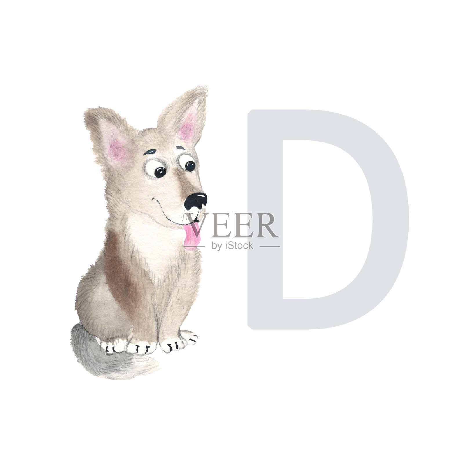 字母D,大写,小狗狗,可爱的孩子彩色动物ABC字母。水彩手绘插图孤立的白色背景。可以用来做字母或卡片,让孩子学习英语词汇和书写插画图片素材
