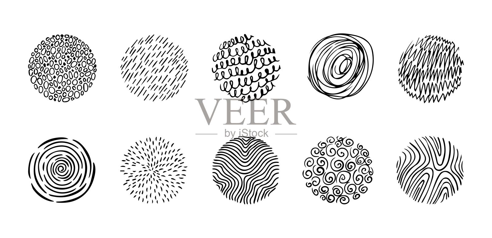 一套涂鸦圆形图案。抽象的形状和设计元素。用于海报、社交媒体和其他设计的潮流图案。矢量插图。插画图片素材