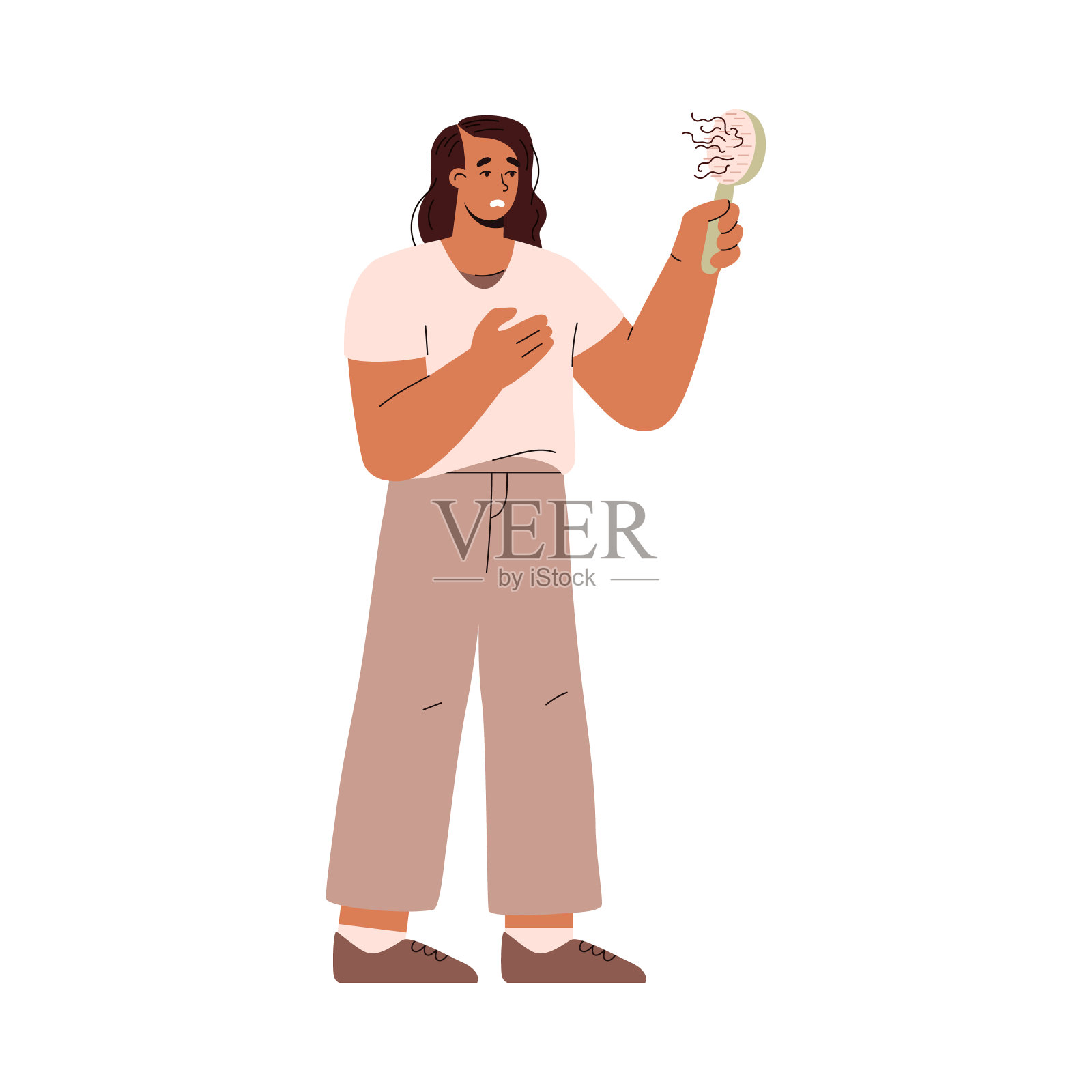 压力妇女脱发时刷牙,平面矢量插图孤立在白色背景。插画图片素材