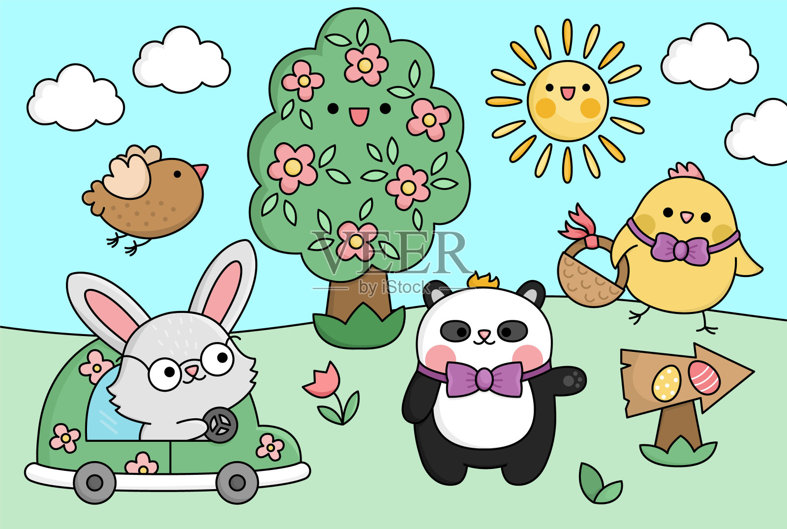 矢量卡哇伊复活节场景兔在一辆车和小鸡与篮子。春季卡通插画。可爱的节日鸡蛋寻找风景与树,鸟,熊猫的孩子。晴天照片插画图片素材