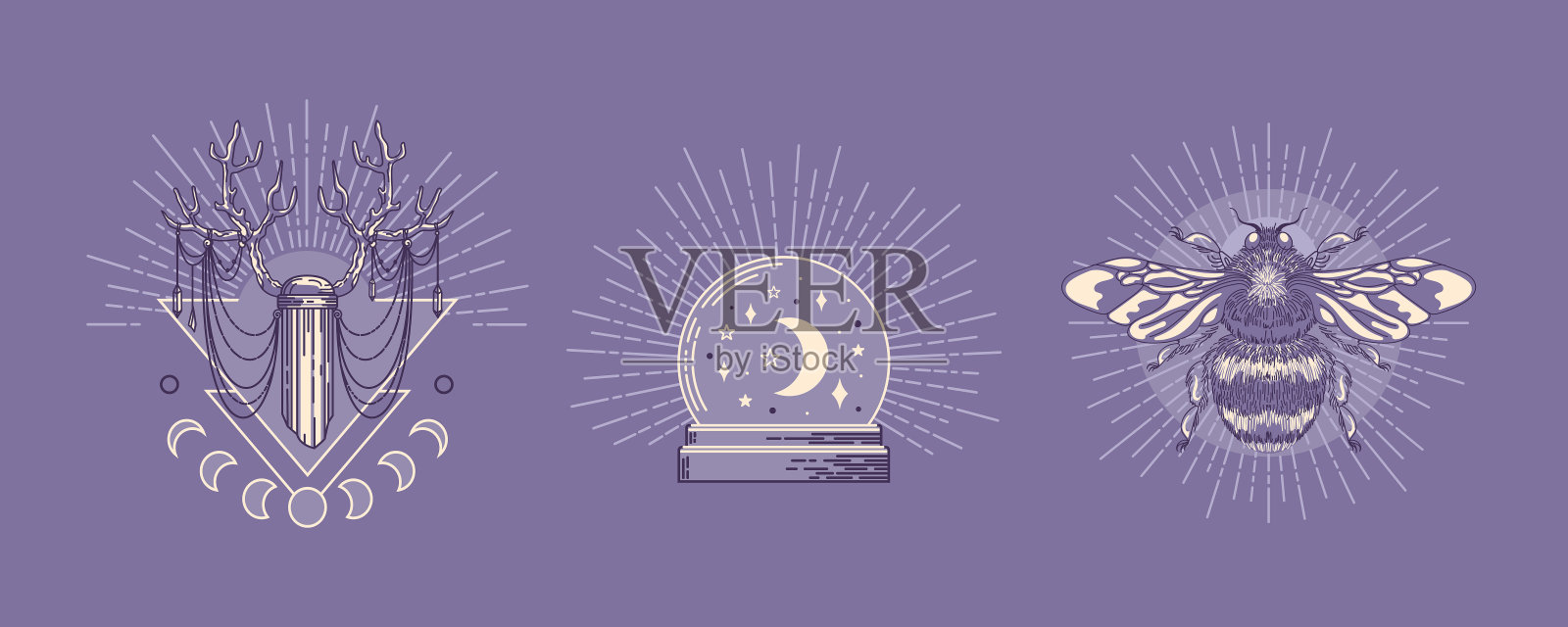 魔法水晶球,占卜物。鹿角,阳光,月相,大黄蜂。矢量复古插图。万圣节,魔法,巫术,占星术,神秘主义。标志,纹身插画图片素材