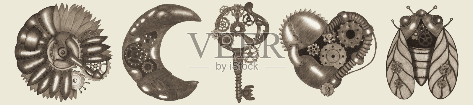 由彩色铅笔绘制的蒸汽朋克元素集。插画图片素材