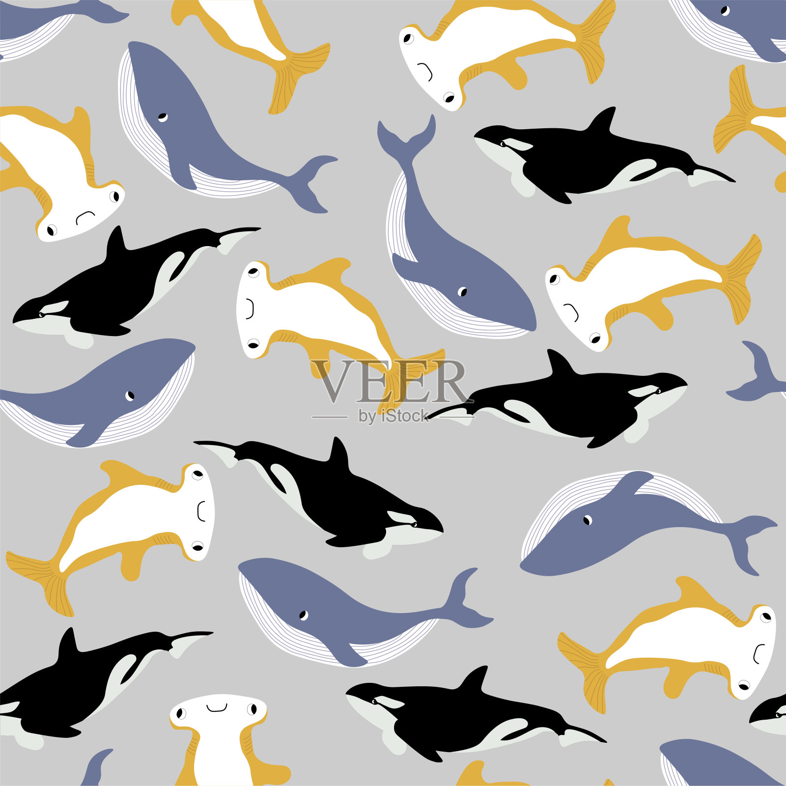 矢量无缝模式与鲸鱼,虎鲸,锤头鱼。水下卡通生物。海洋背景。可爱的海洋图案面料,儿童服装,纺织品,包装纸插画图片素材