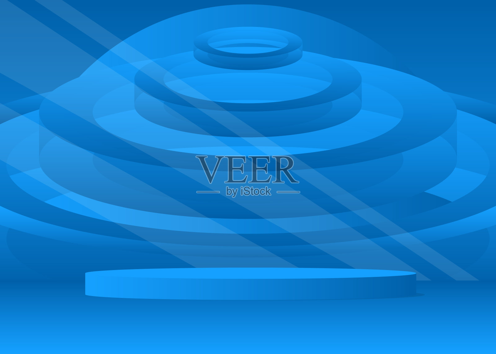 蓝色模型产品展示。逼真的矢量3D房间,圆柱体基座讲台。用于展示的舞台展示柜。未来科幻最小几何形式,空场景。插画图片素材